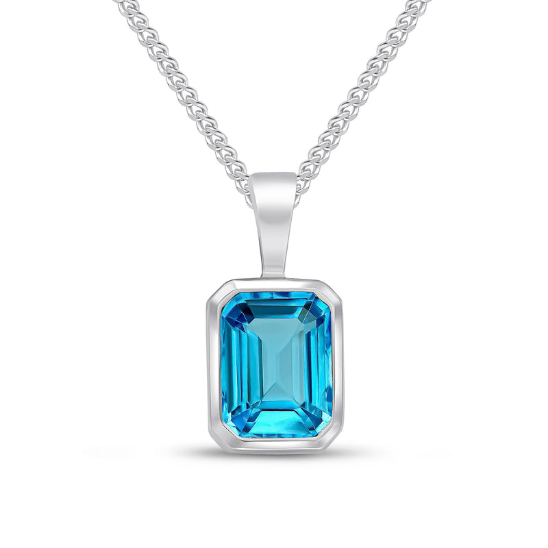 9ct White Gold Octagonal Natural Swiss Blue Topaz Rubover Pendant — 8x6mm