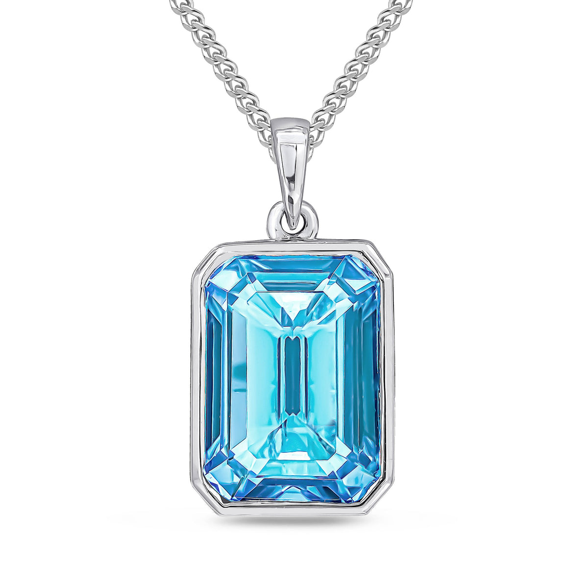 9ct White Gold Octagonal Natural Swiss Blue Topaz Rubover Pendant — 14x10mm