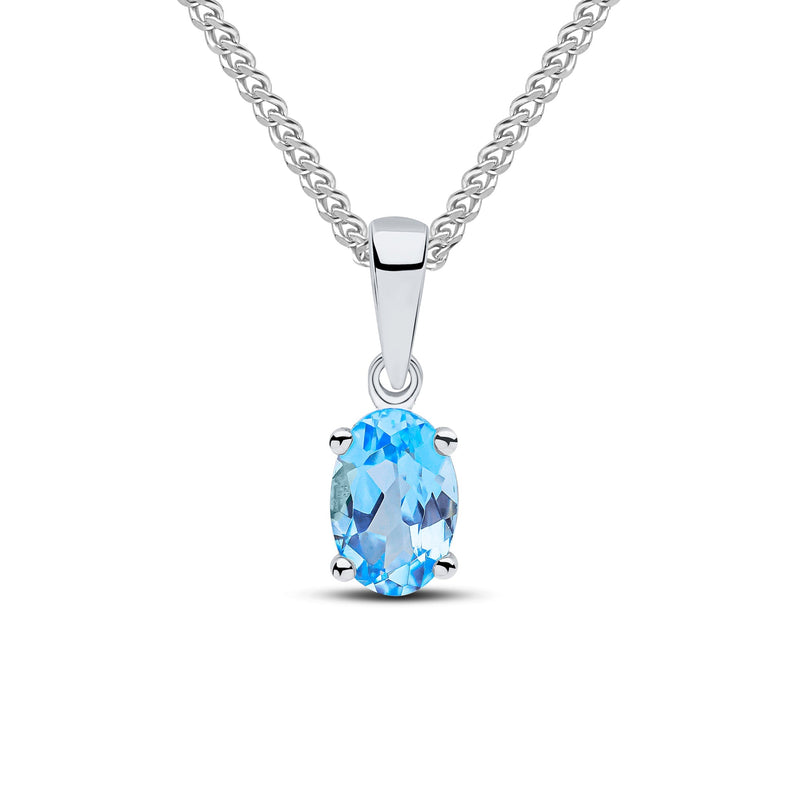 9ct White Gold Oval Natural Swiss Blue Topaz Claw Pendant — 6x4mm