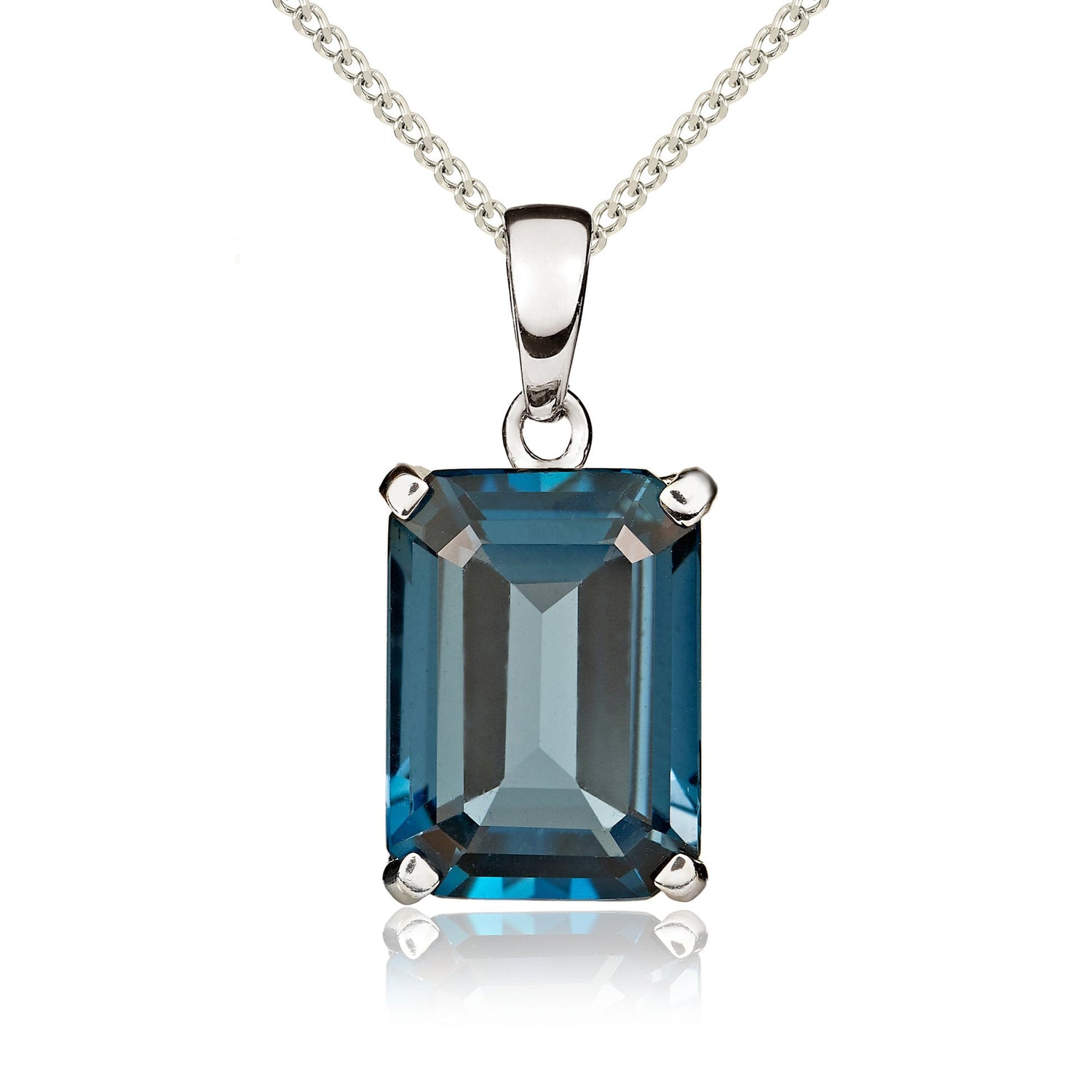 9ct White Gold Octagonal Emerald Cut Natural London Blue Topaz Claw Pendant — 14x10mm