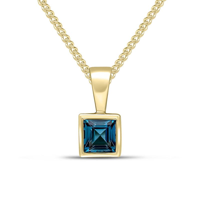 9ct Yellow Gold Square Natural London Blue Topaz Rubover Pendant — 4mm