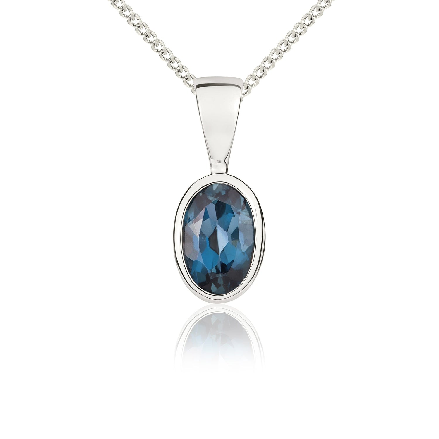 9ct White Gold Oval Natural London Blue Topaz Rubover Pendant — 6x4mm