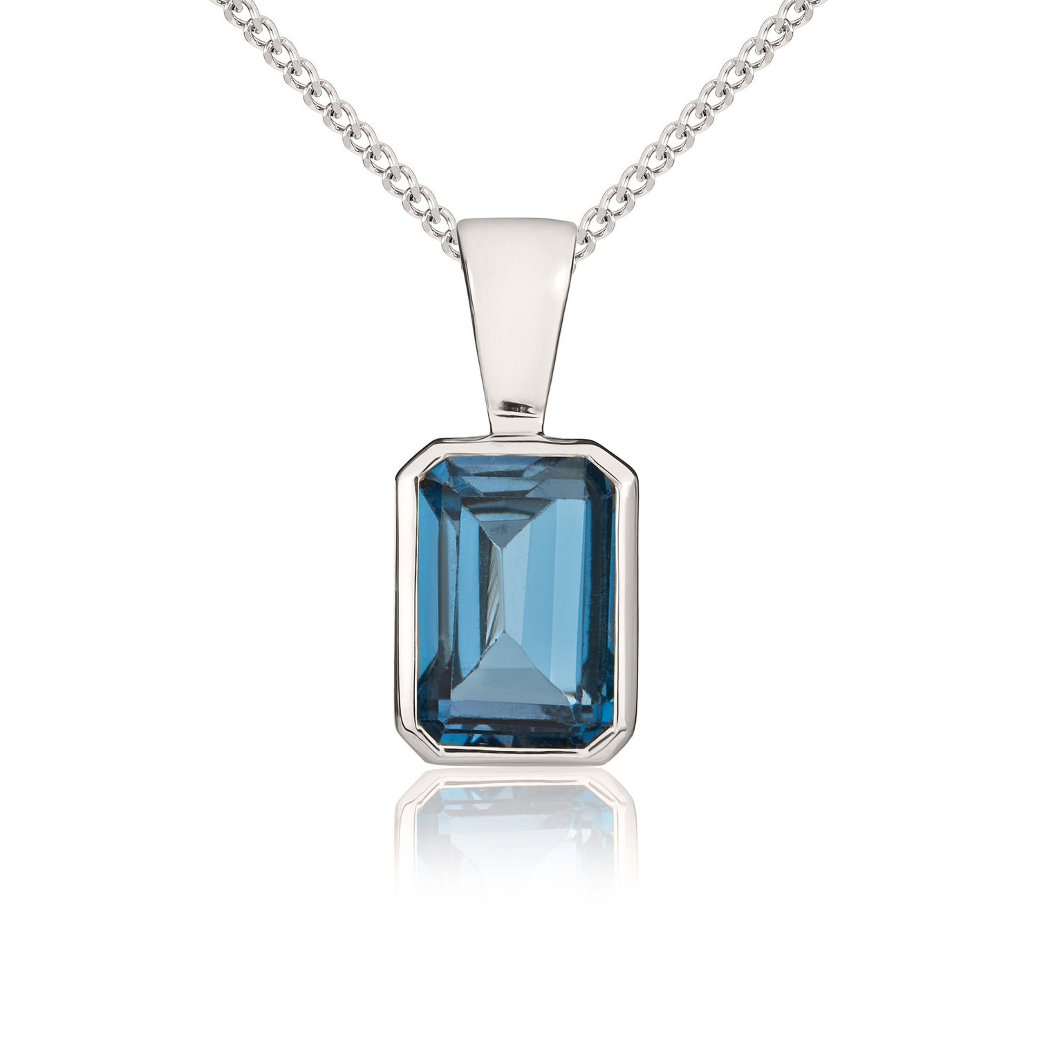 9ct White Gold Octagonal Emerald Cut Natural London Blue Topaz Rubover Pendant — 7x5mm