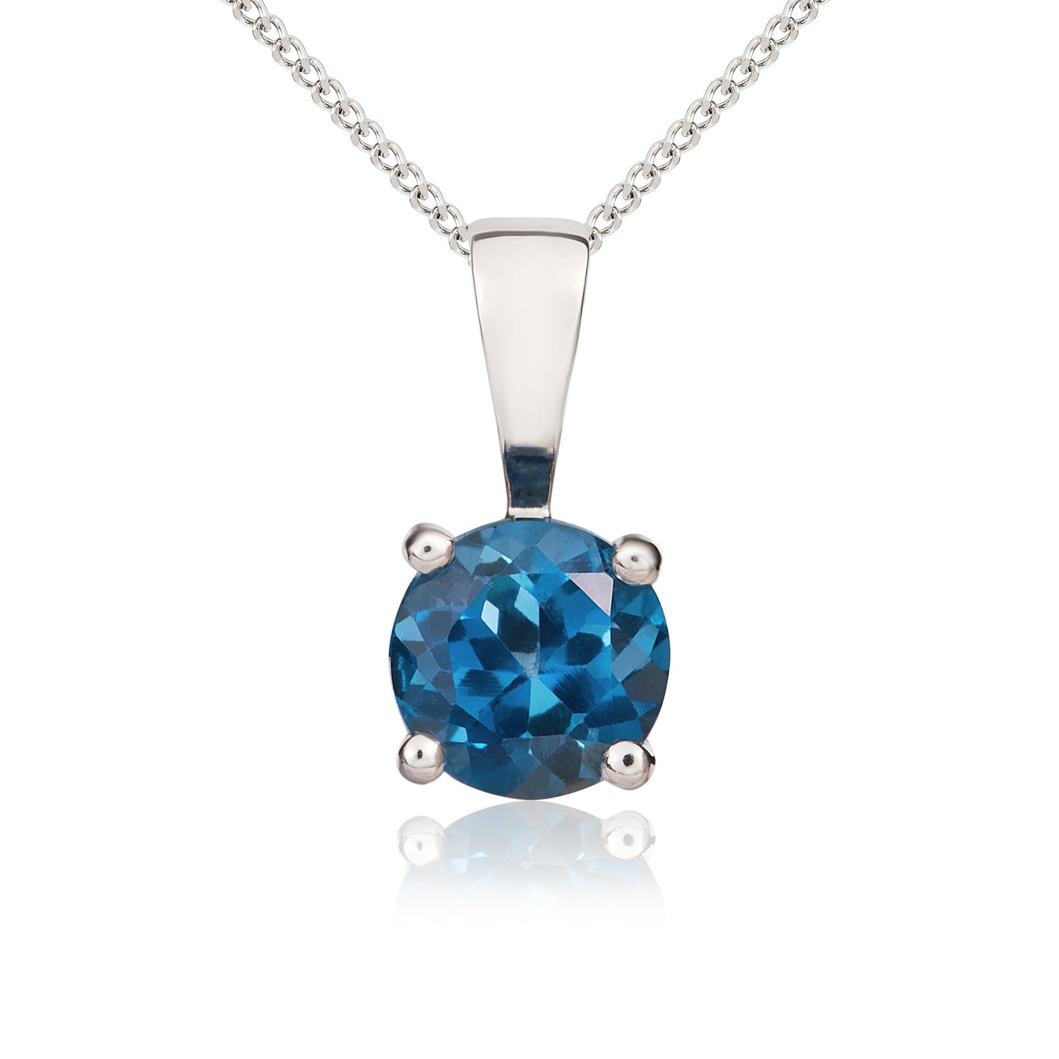 9ct White Gold Round Natural London Blue Topaz 4 Claw Pendant — 5mm