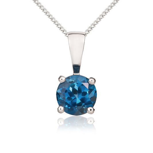 9ct White Gold Round Natural London Blue Topaz 4 Claw Pendant — 5mm
