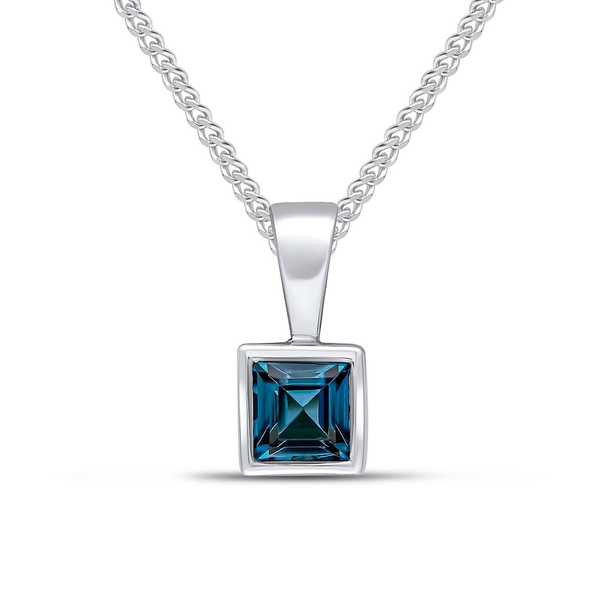 9ct White Gold Square Natural London Blue Topaz Rubover Pendant — 4mm