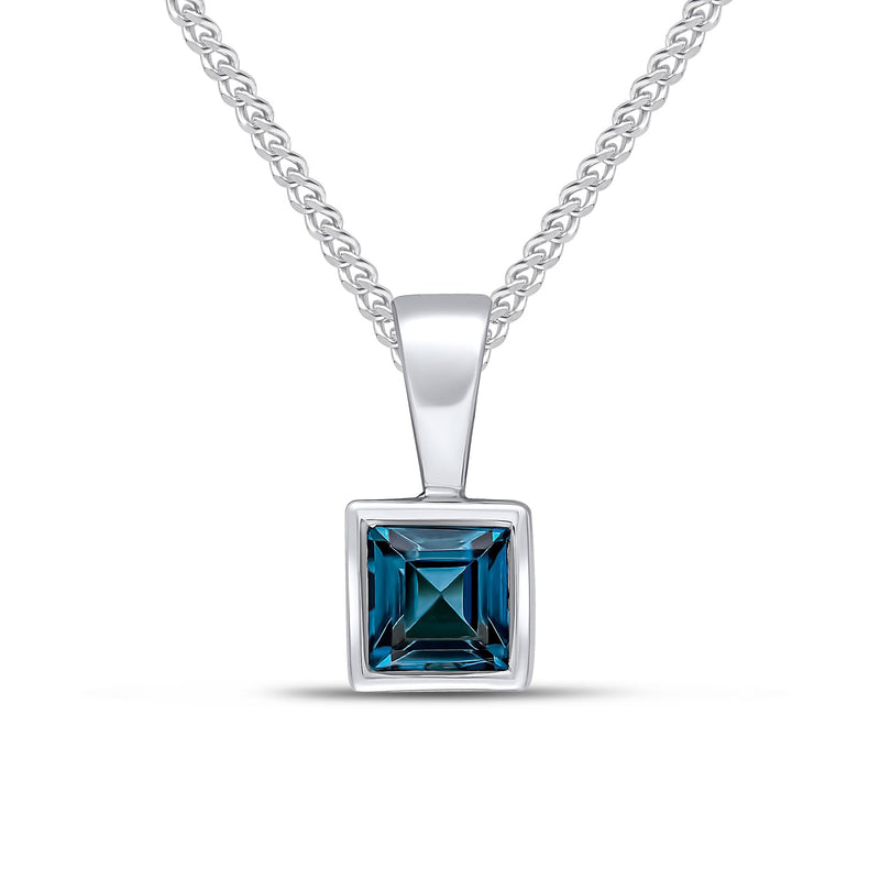 9ct White Gold Square Natural London Blue Topaz Rubover Pendant — 4mm