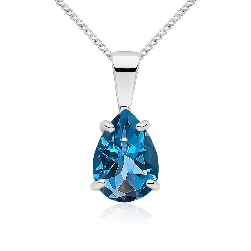 9ct White Gold Pear Shaped Natural London Blue Topaz Claw Pendant — 10x7mm