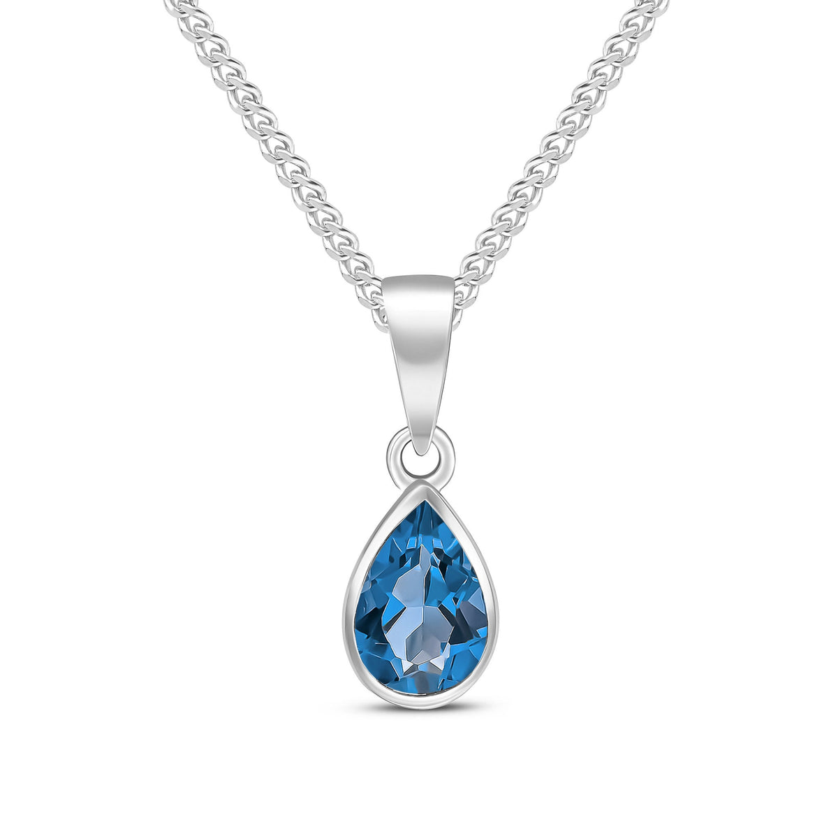 9ct White Gold Pear Shaped Natural London Blue Topaz Rubover Pendant — 7x5mm
