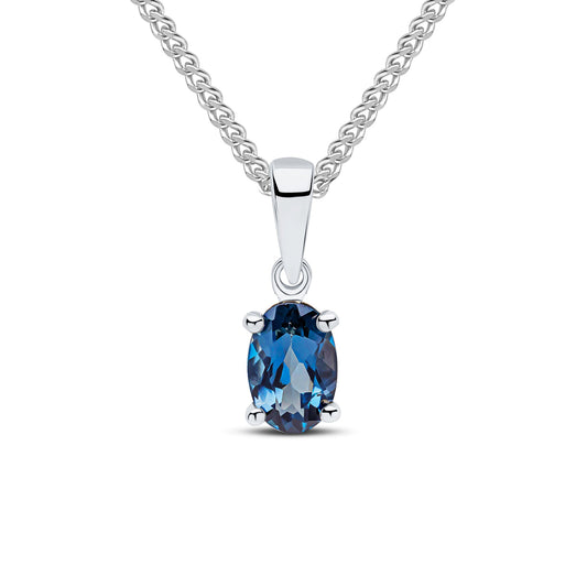 9ct White Gold Oval Natural London Blue Topaz Claw Pendant — 6x4mm