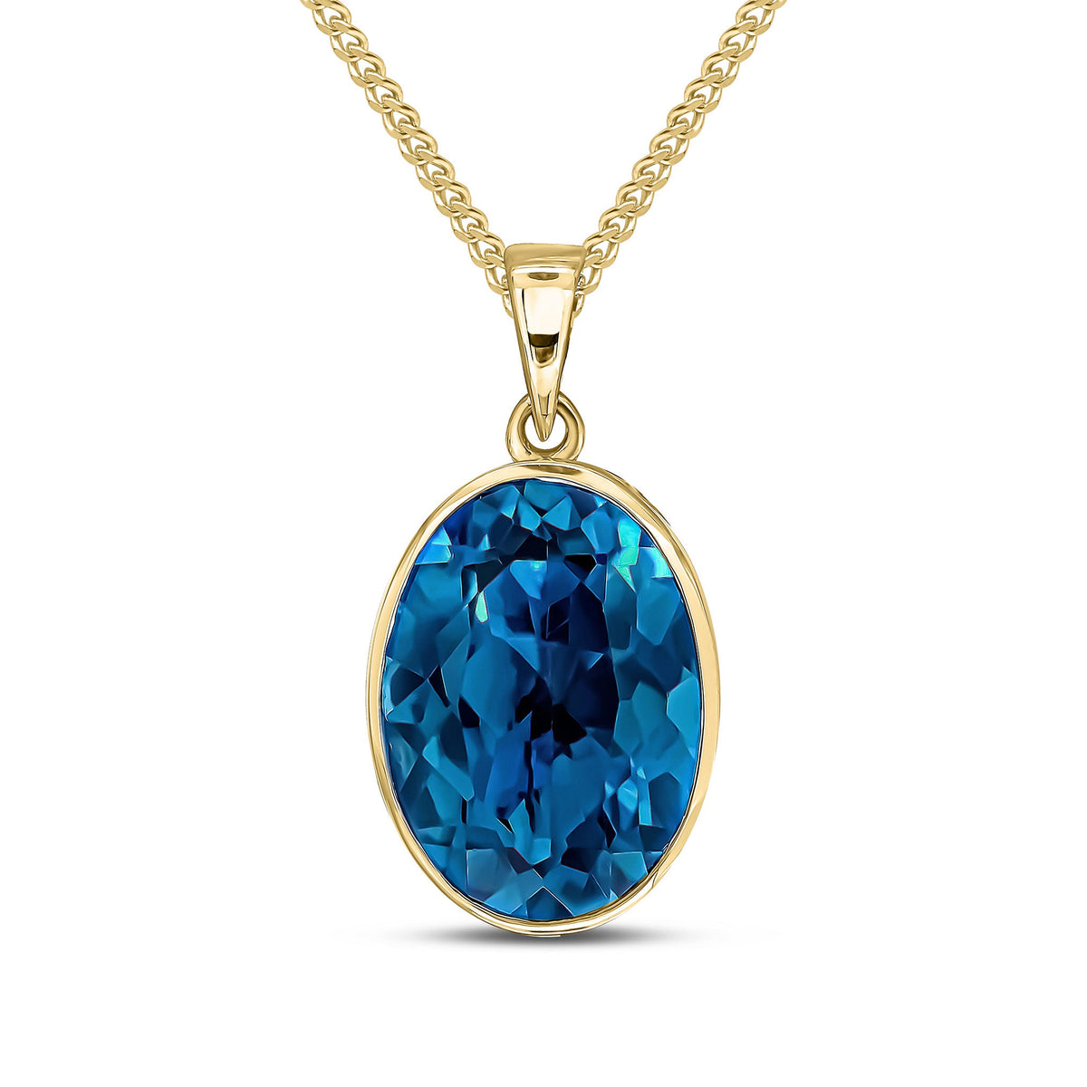 9ct Yellow Gold Oval Natural London Blue Topaz Rubover Pendant — 14x10mm