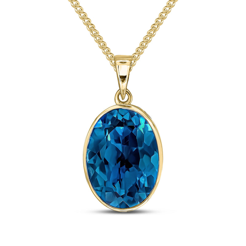 9ct Yellow Gold Oval Natural London Blue Topaz Rubover Pendant — 14x10mm