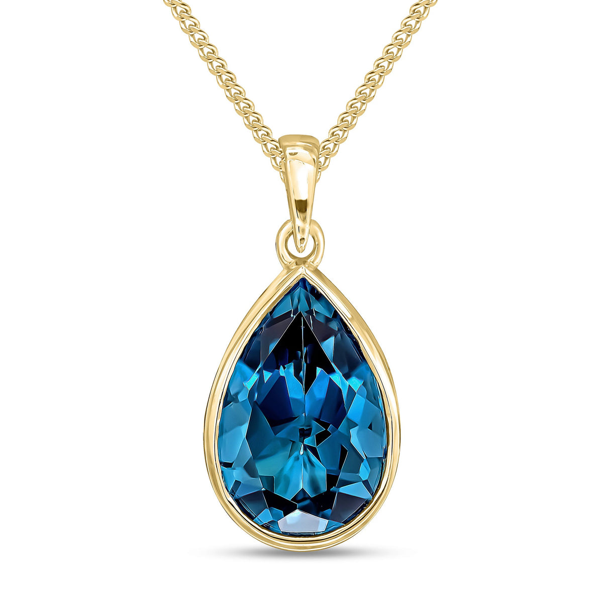 9ct Yellow Gold Pear Shaped Natural London Blue Topaz Rubover Pendant — 14x9mm