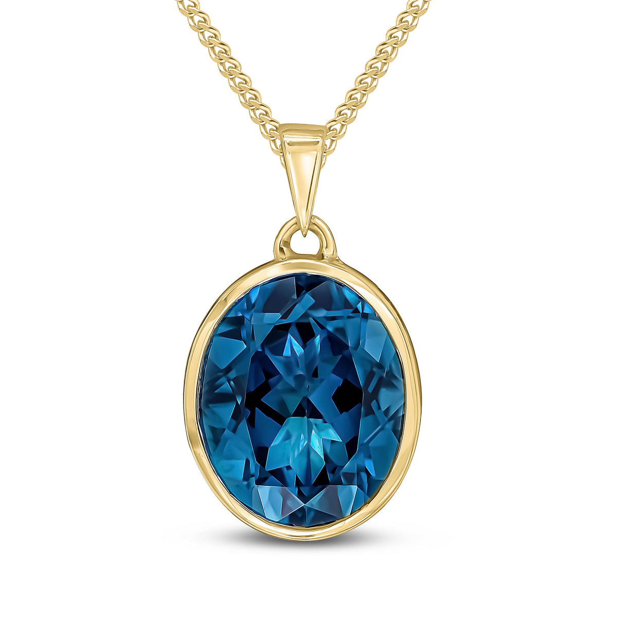 9ct Yellow Gold Oval Natural London Blue Topaz Rubover Pendant — 12x10mm