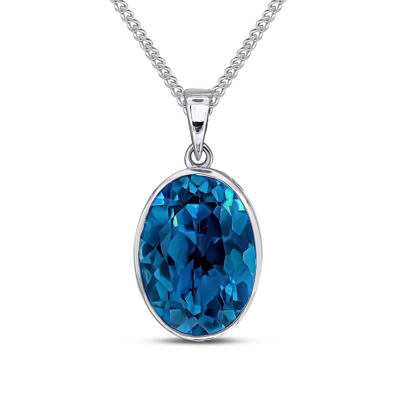 9ct White Gold Oval Natural London Blue Topaz Rubover Pendant — 14x10mm