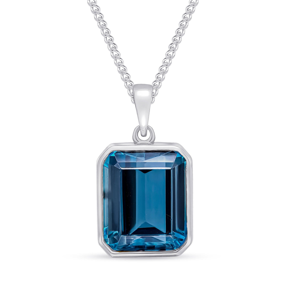 9ct White Gold Octagonal Natural London Blue Topaz Rubover Pendant — 12x10mm
