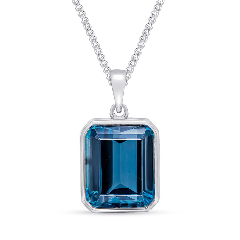9ct White Gold Octagonal Natural London Blue Topaz Rubover Pendant — 12x10mm