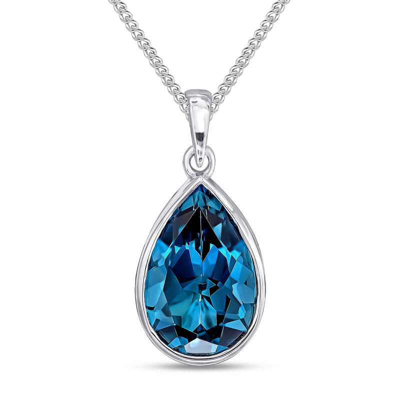9ct White Gold Pear Shaped Natural London Blue Topaz Rubover Pendant — 14x9mm