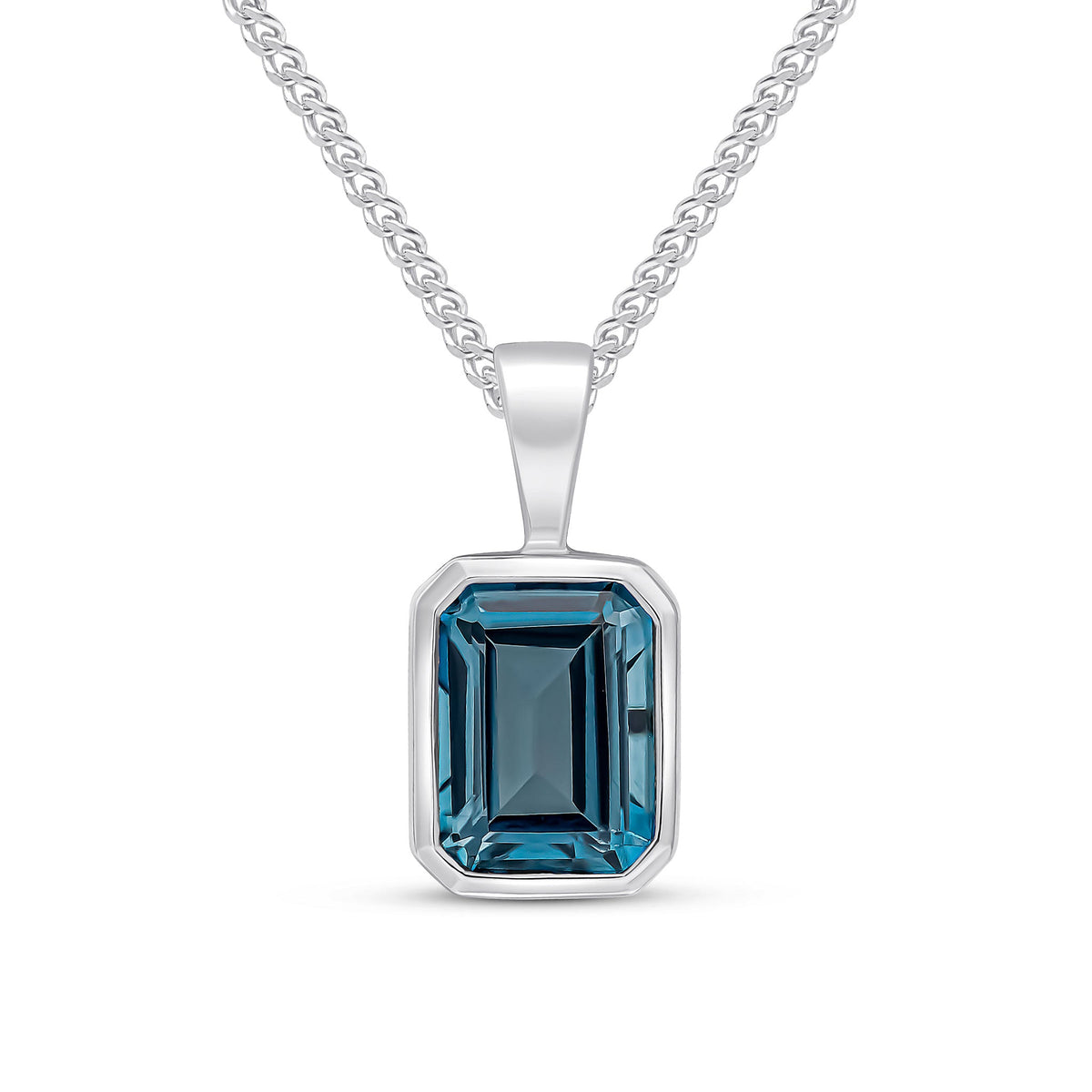 9ct White Gold Octagonal Natural London Blue Topaz Rubover Pendant — 8x6mm