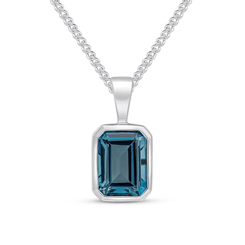 9ct White Gold Octagonal Natural London Blue Topaz Rubover Pendant — 8x6mm