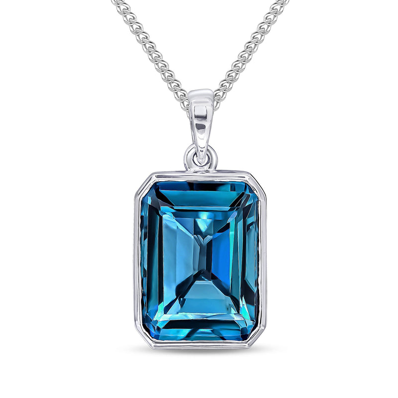 9ct White Gold Octagonal Natural London Blue Topaz Rubover Pendant — 14x10mm