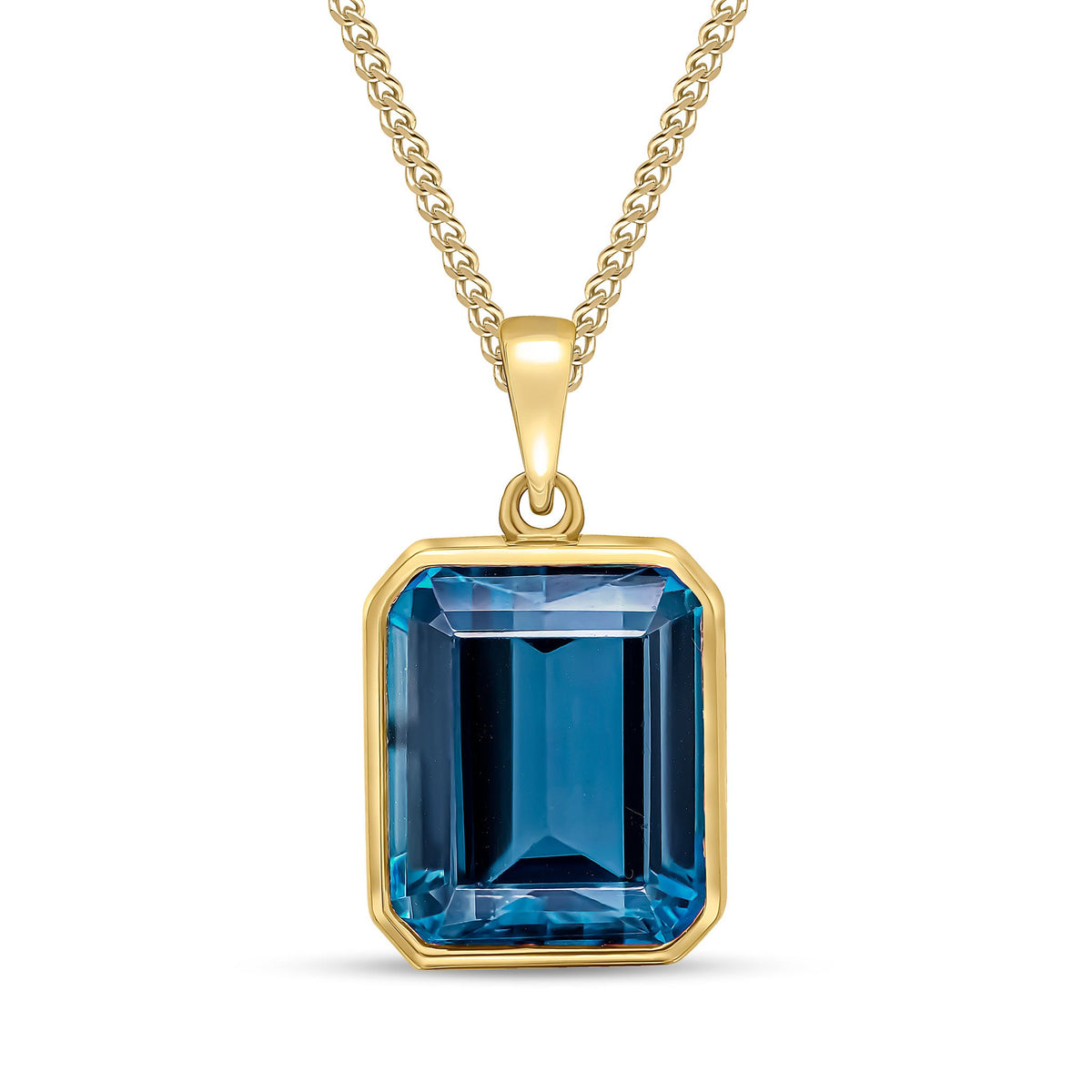 9ct Yellow Gold Octagonal Natural London Blue Topaz Rubover Pendant — 12x10mm