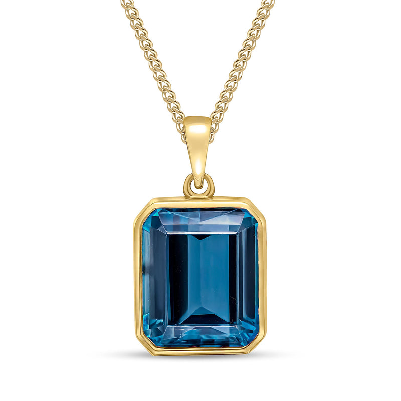 9ct Yellow Gold Octagonal Natural London Blue Topaz Rubover Pendant — 12x10mm