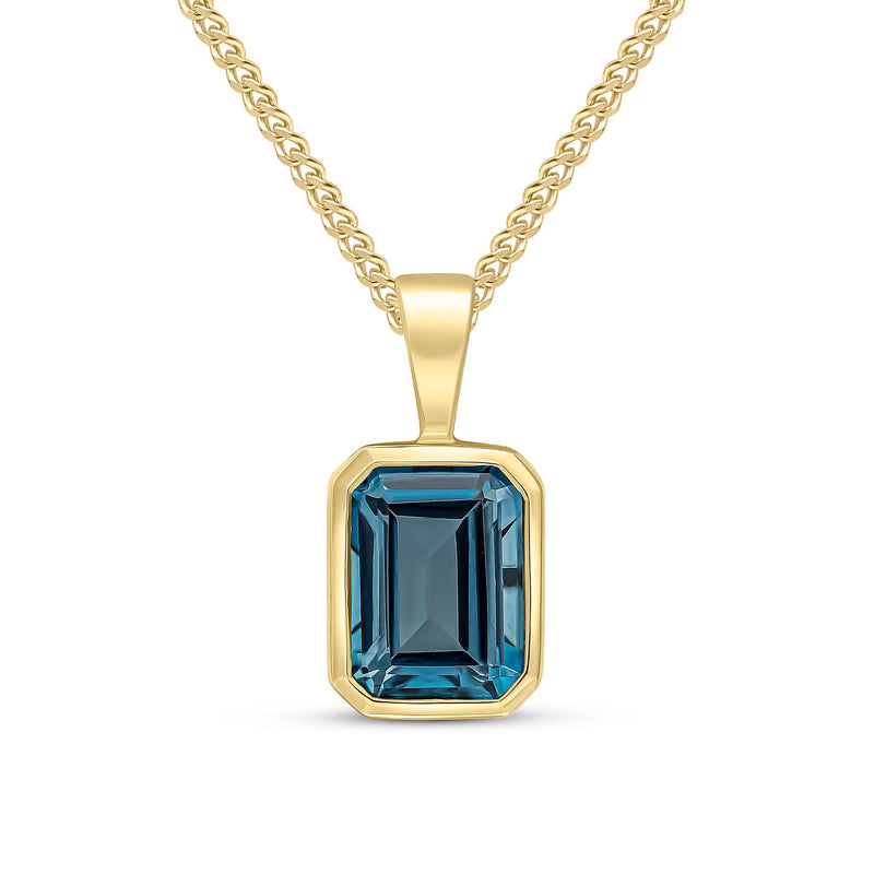 9ct Yellow Gold Octagonal Natural London Blue Topaz Rubover Pendant — 8x6mm