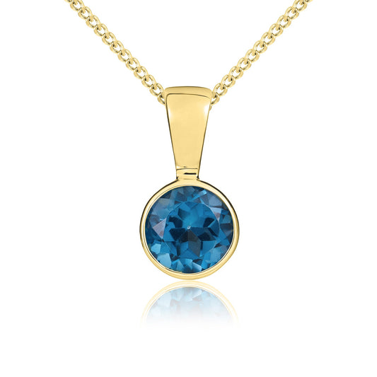 9ct Yellow Gold Round London Blue Topaz Rubover Pendant —5mm