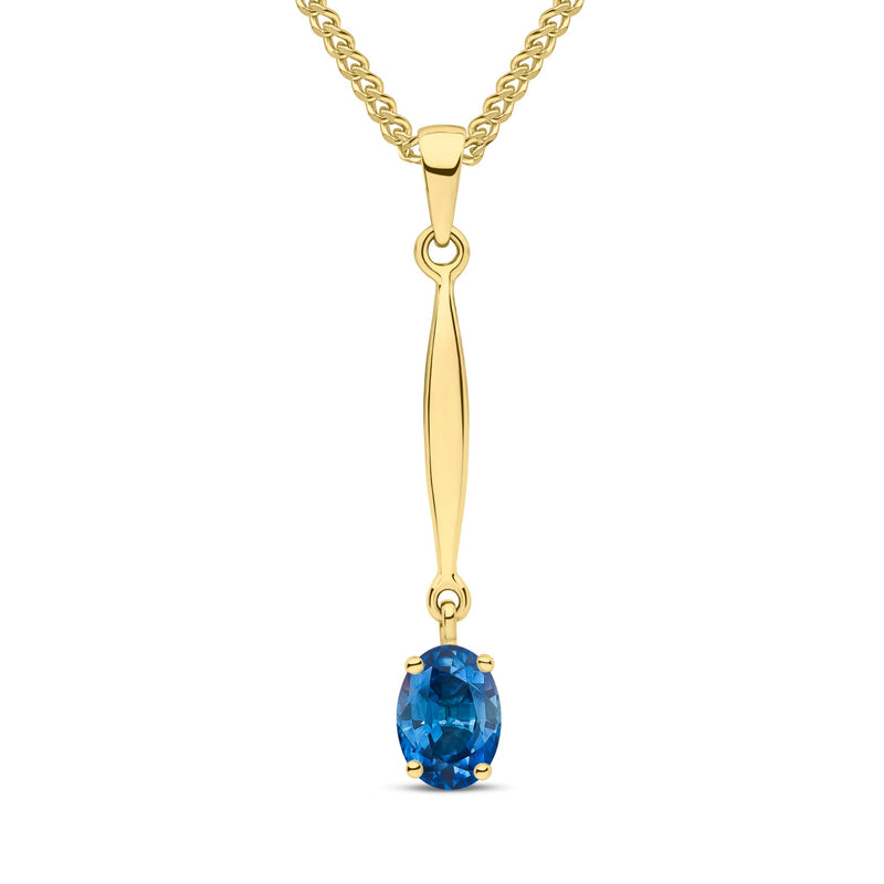 9ct Yellow Gold Oval Natural London Blue Topaz Claw Bar Drop Pendant — 7x5mm