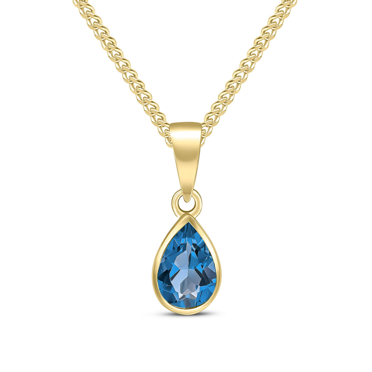 9ct Yellow Gold Pear Shaped Natural London Blue Topaz Rubover Pendant — 7x5mm