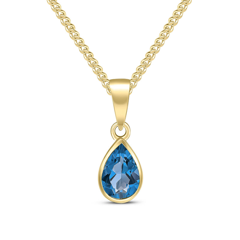 9ct Yellow Gold Pear Shaped Natural London Blue Topaz Rubover Pendant — 7x5mm