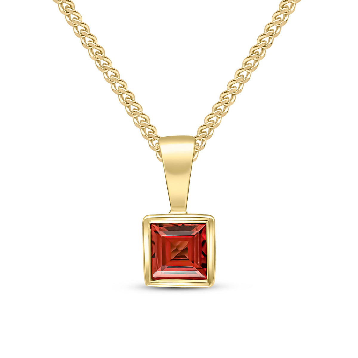 9ct Yellow Gold Square Natural Garnet Rubover Pendant — 4mm
