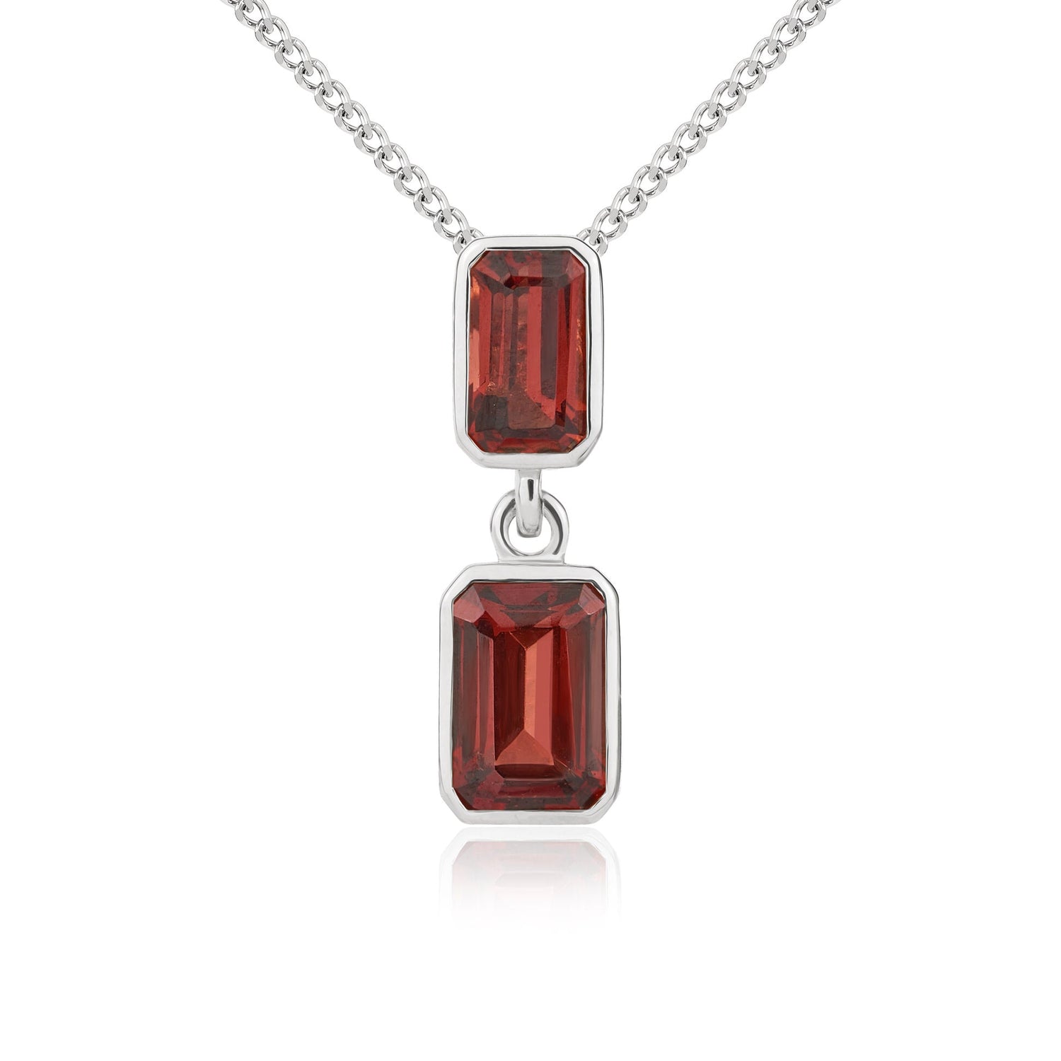 9ct White Gold Octagonal Emerald Cut Natural Garnet Double Stone Rubover Drop Pendant