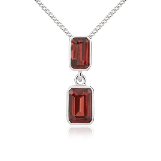9ct White Gold Octagonal Emerald Cut Natural Garnet Double Stone Rubover Drop Pendant