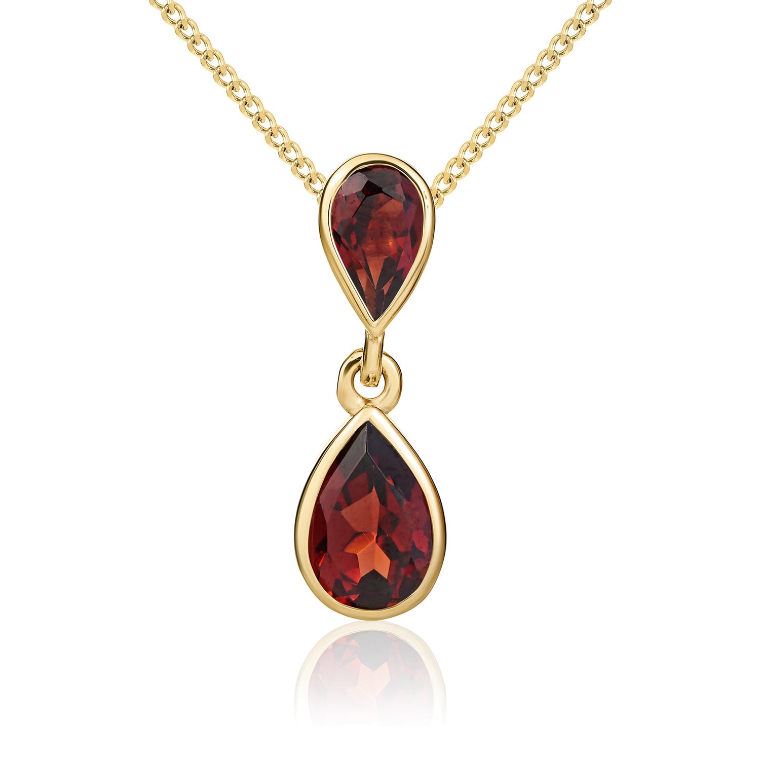 9ct Yellow Gold Pear Shaped Natural Garnet Two Stone Rubover Drop Pendant