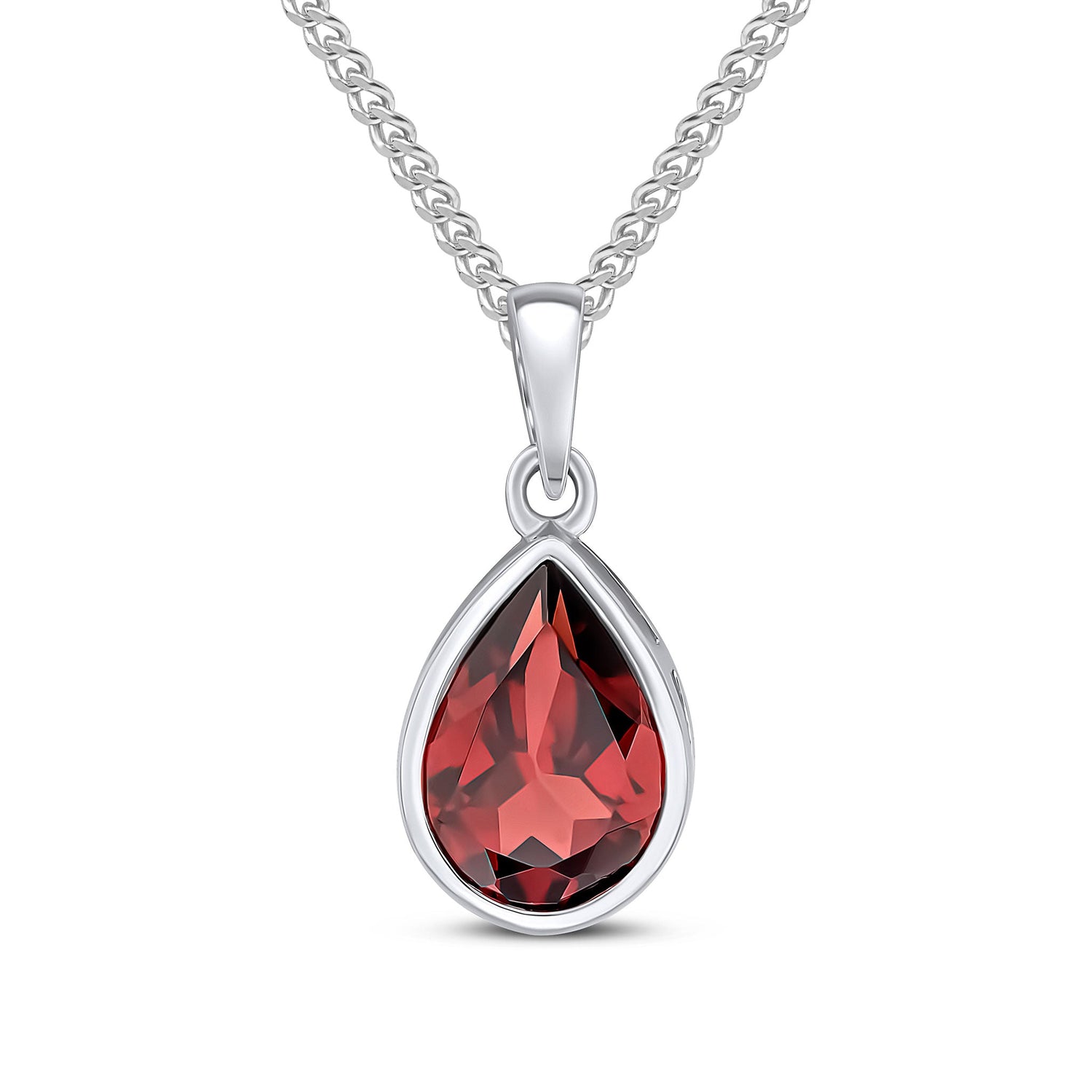 9ct White Gold Pear Shaped Natural Garnet Rubover Pendant — 10x7mm