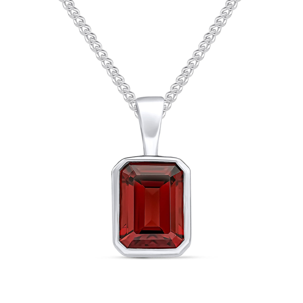 9ct White Gold Octagonal Natural Garnet Rubover Pendant — 8x6mm