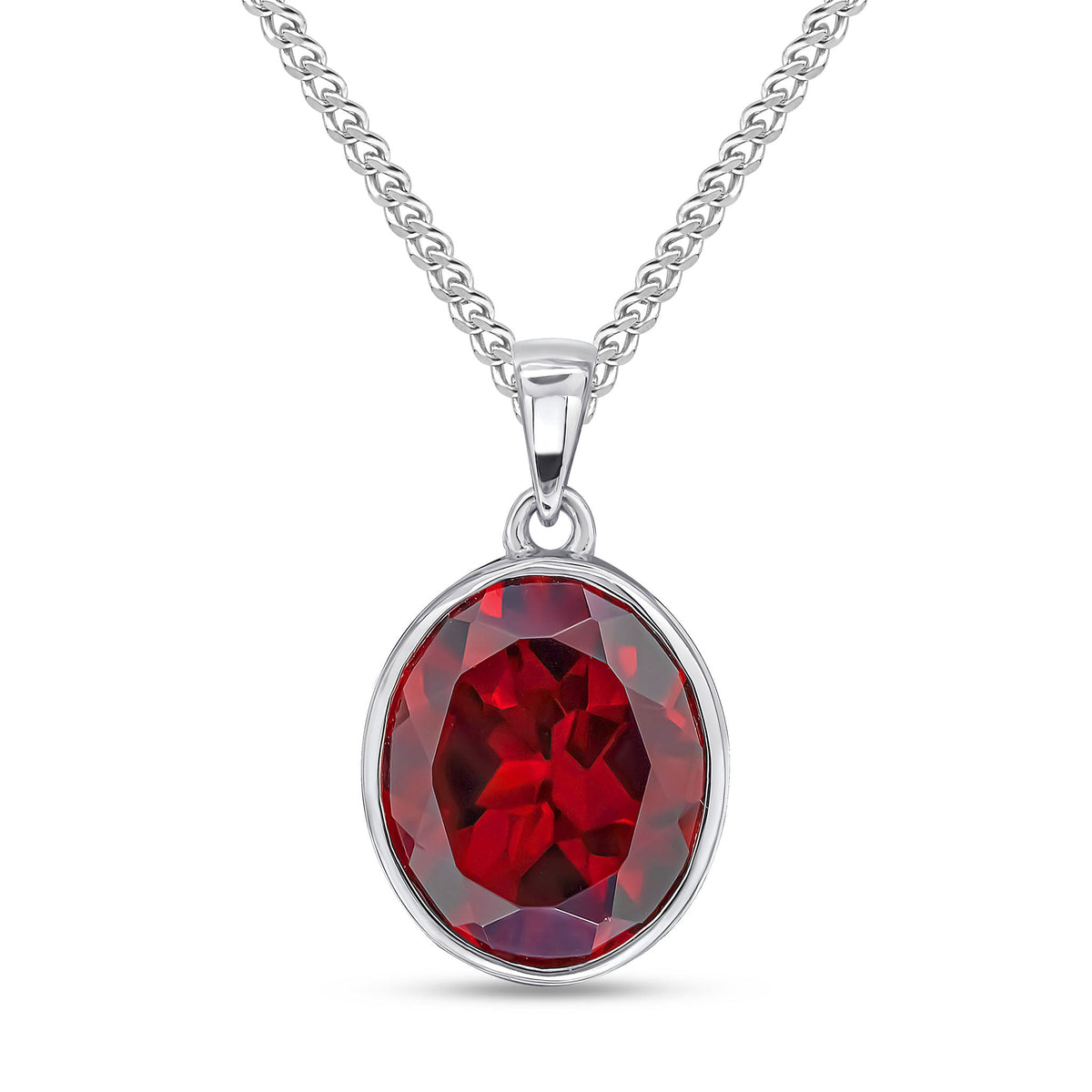 9ct White Gold Oval Natural Garnet Rubover Pendant — 12x10mm