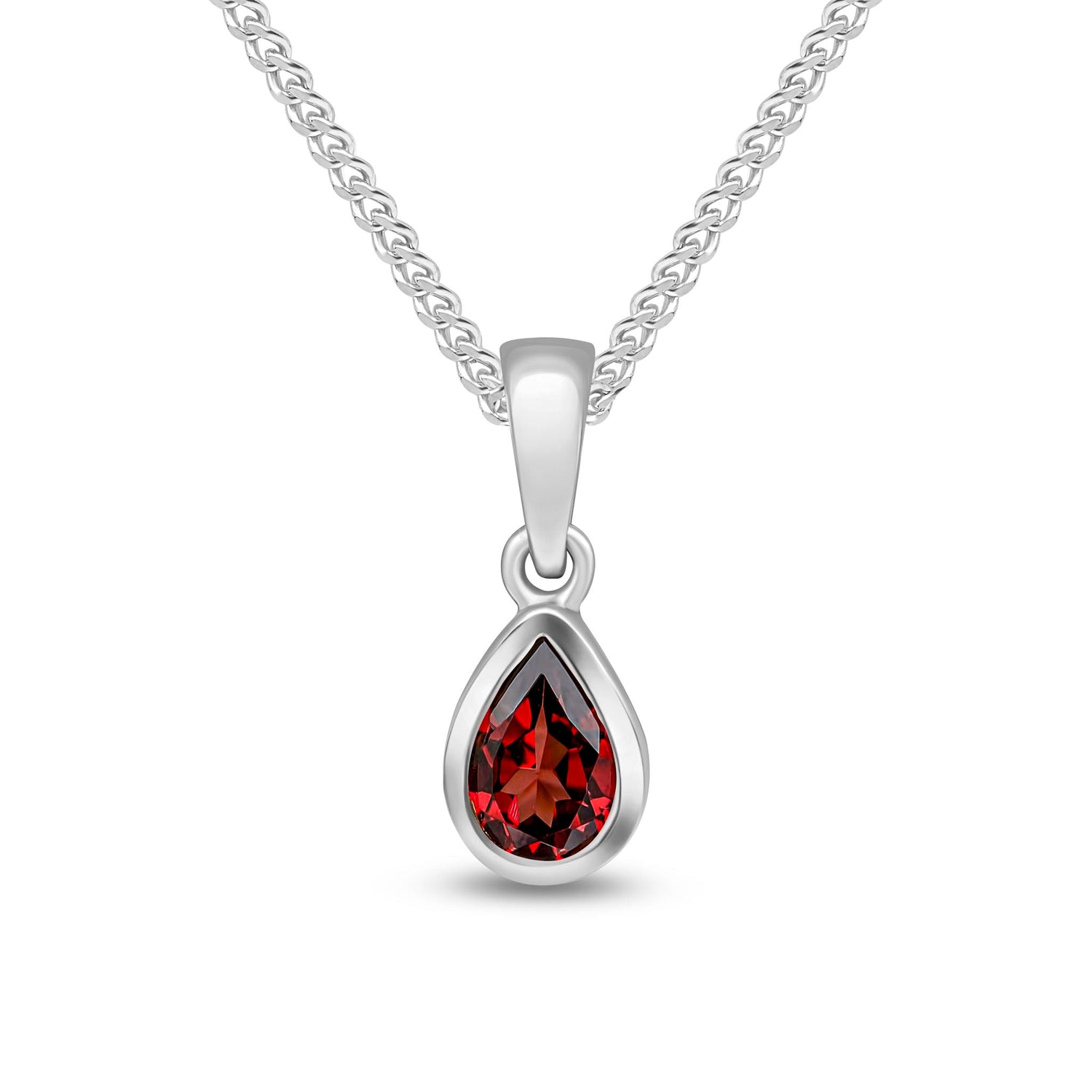 9ct White Gold Pear Shaped Natural Garnet Rubover Pendant — 6x4mm