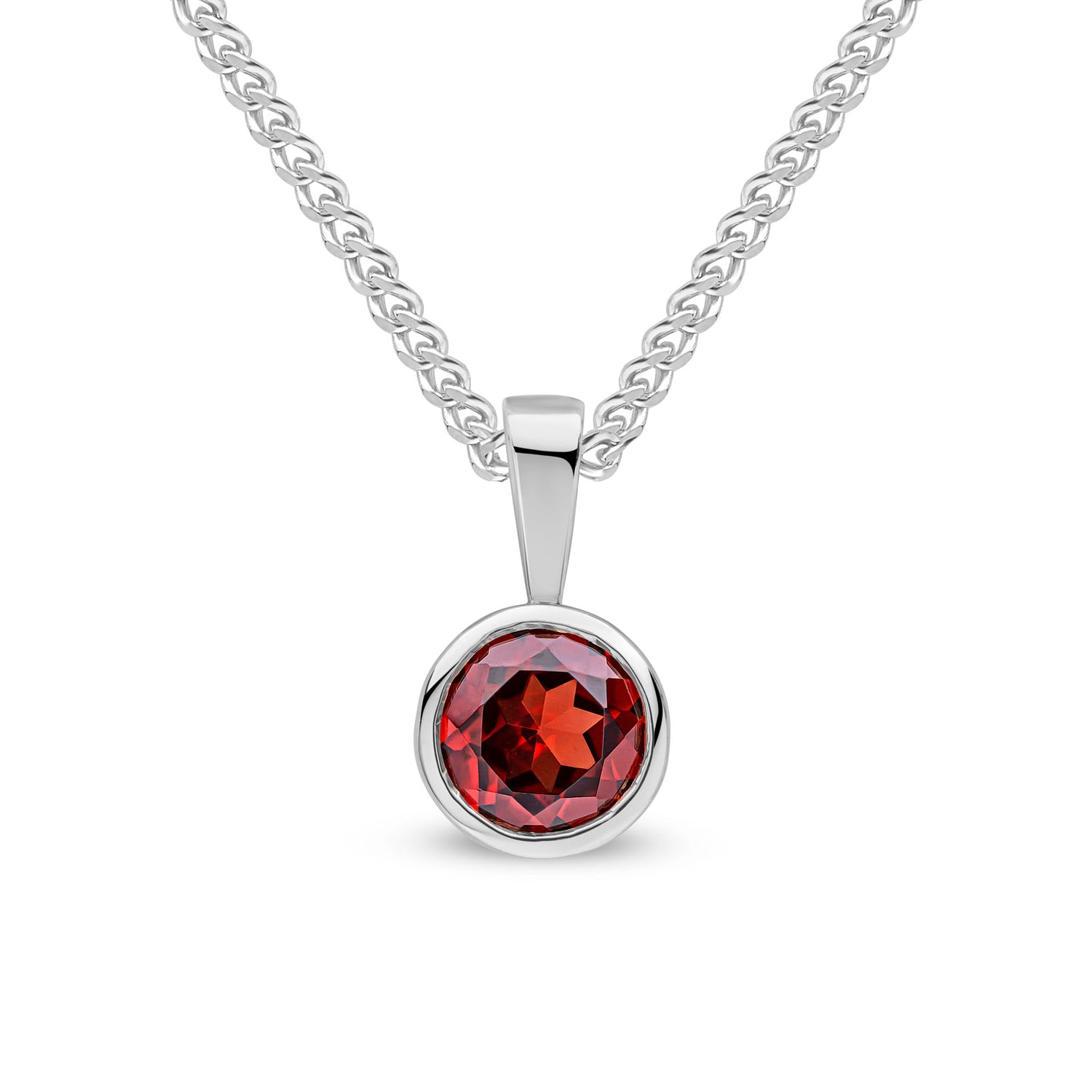 9ct White Gold Round Natural Garnet Rubover Pendant — 6mm