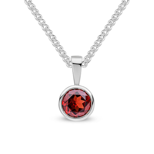 9ct White Gold Round Natural Garnet Rubover Pendant — 6mm