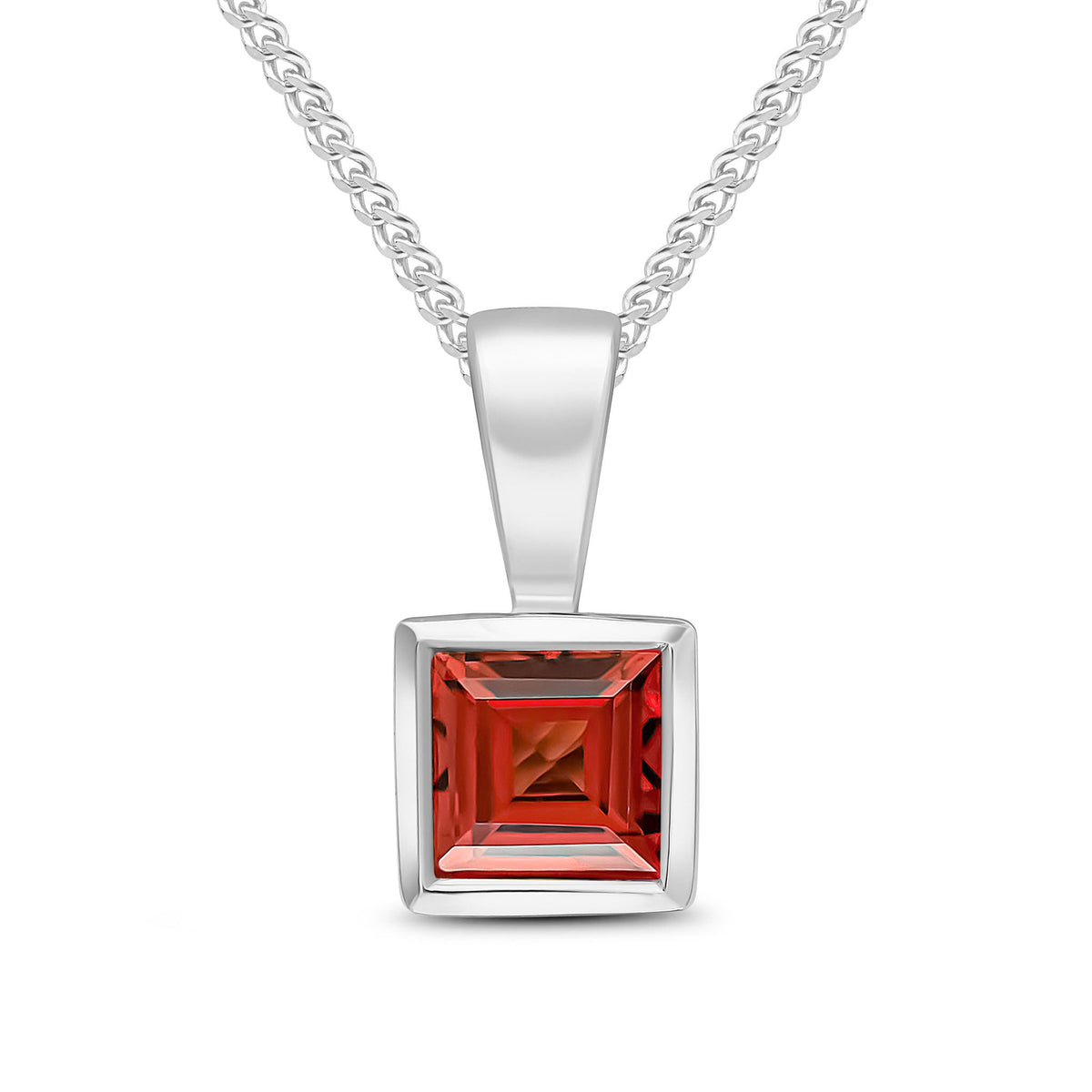 9ct White Gold Square Natural Garnet Rubover Pendant — 4mm