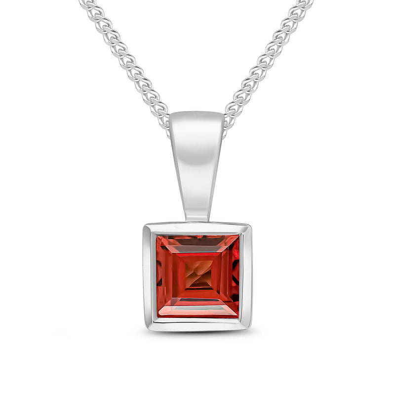 9ct White Gold Square Natural Garnet Rubover Pendant — 4mm