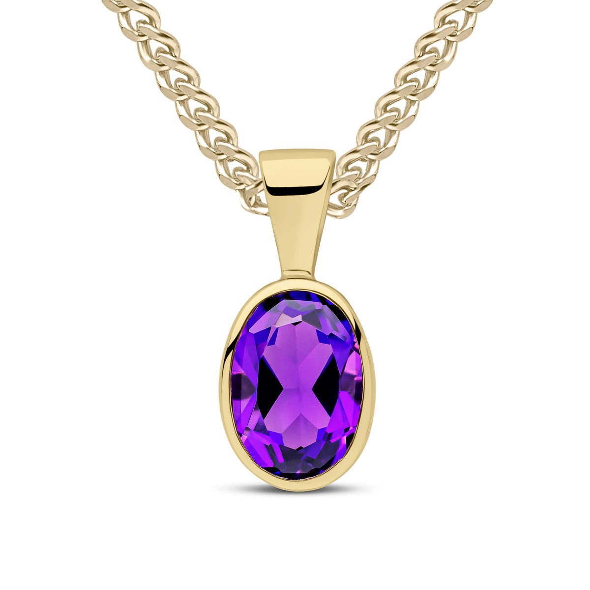 9ct Yellow Gold Oval Natural Amethyst Rubover Pendant — 7x5mm