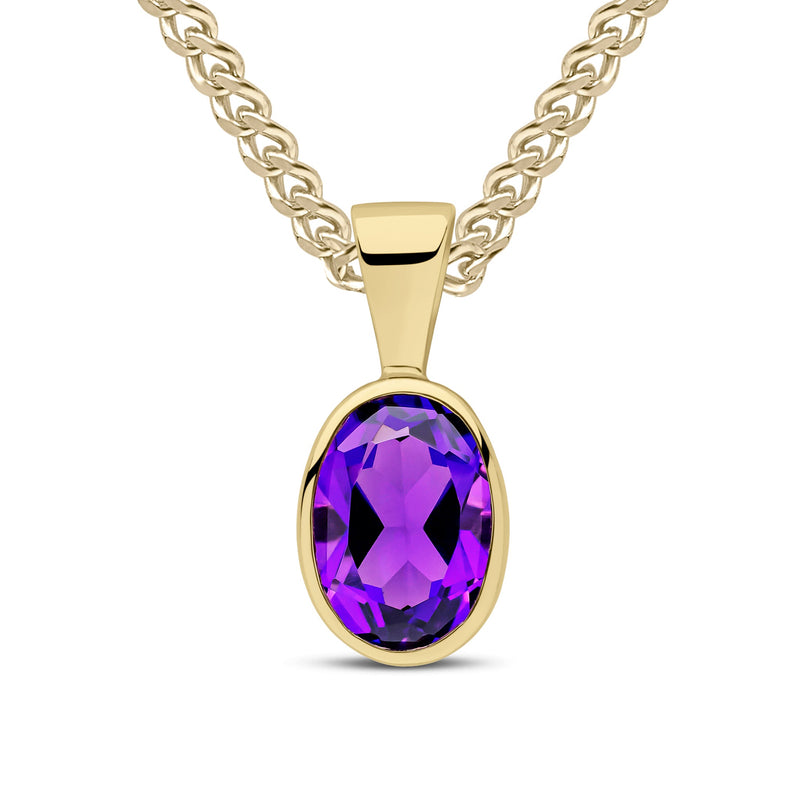 9ct Yellow Gold Oval Natural Amethyst Rubover Pendant — 7x5mm