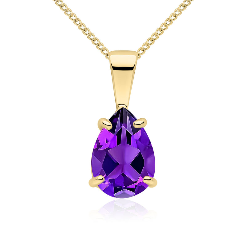9ct Yellow Gold Pear Shaped Natural Amethyst Claw Pendant — 10x7mm