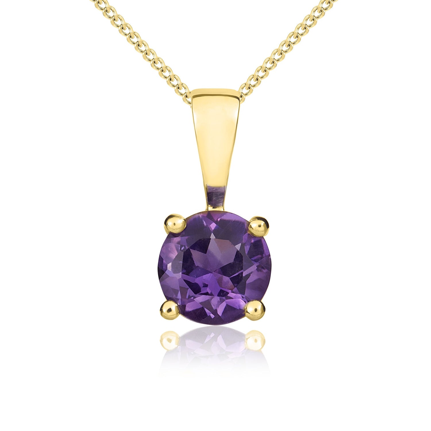 9ct Yellow Gold Round Natural Amethyst 4 Claw Single Stone Pendant —  5mm