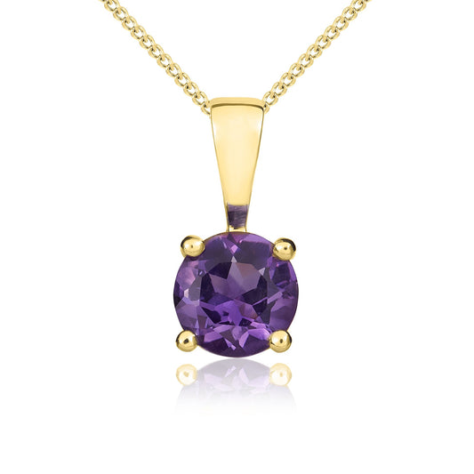 9ct Yellow Gold Round Natural Amethyst 4 Claw Single Stone Pendant —  5mm