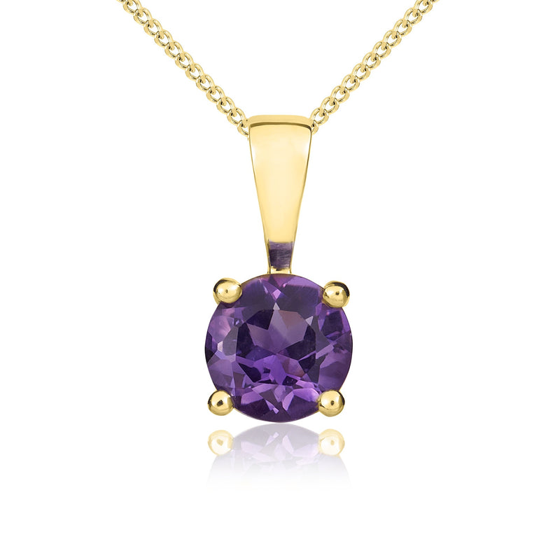 9ct Yellow Gold Round Natural Amethyst Claw Pendant — 5mm